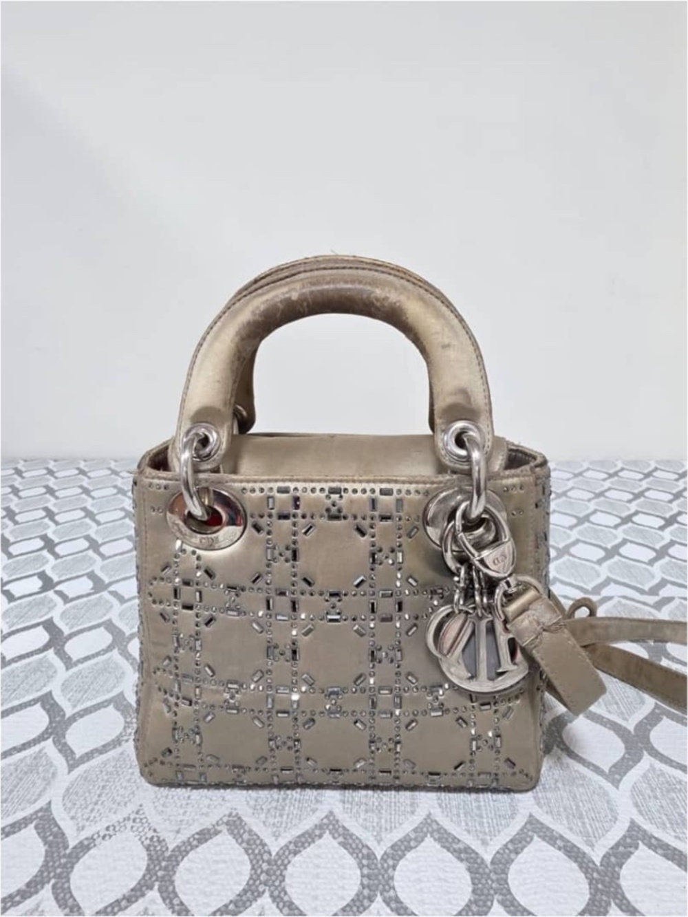 Authentic CHRISTIAN DIOR Satin And Crystal Mini Lady Dior Bag Grey